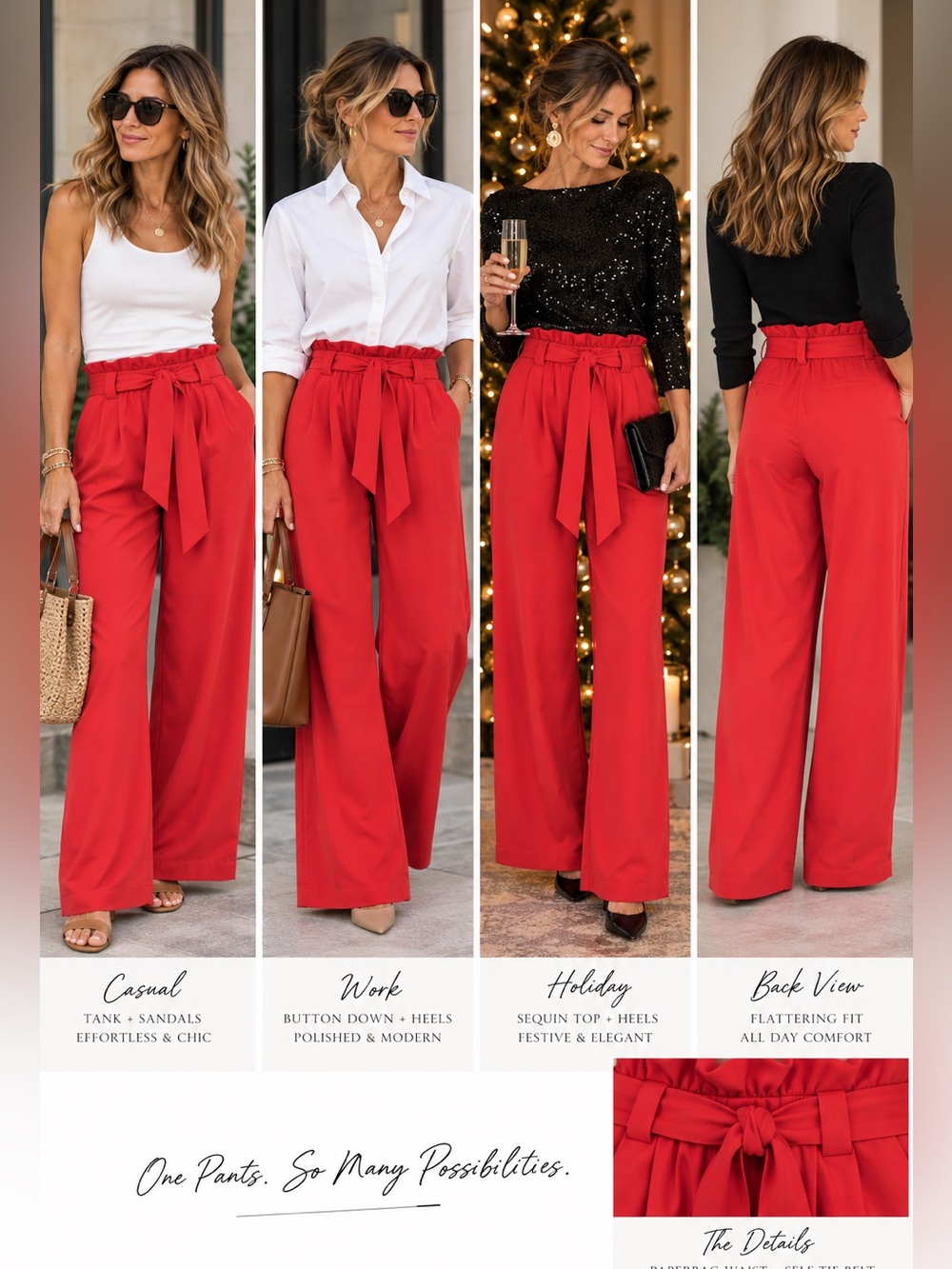 Express Red Wide Leg High Rise Paperbag Waist Pants Tie Belt S/P EUC